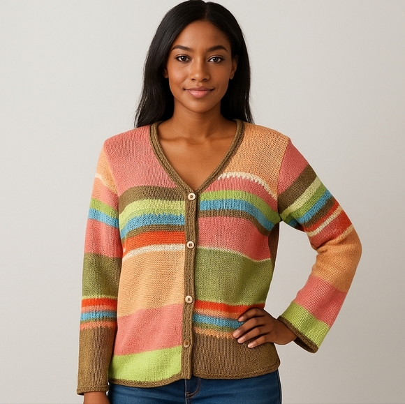 Crazy Horse By Liz Claiborne Sweaters - Crazy Horse Collection Y2K Multicolor Colorblock Cardigan Size XL Grannycore